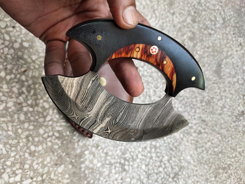 Detailed wooden handle design of custom handmade Ullu hunting knife