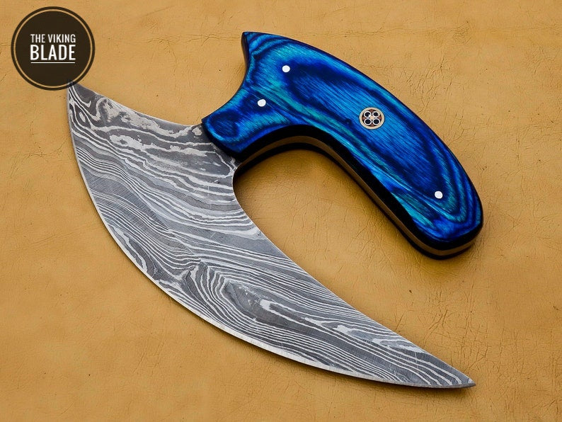 Damascus steel chef Ulu knife featuring premium blue koa wood handle