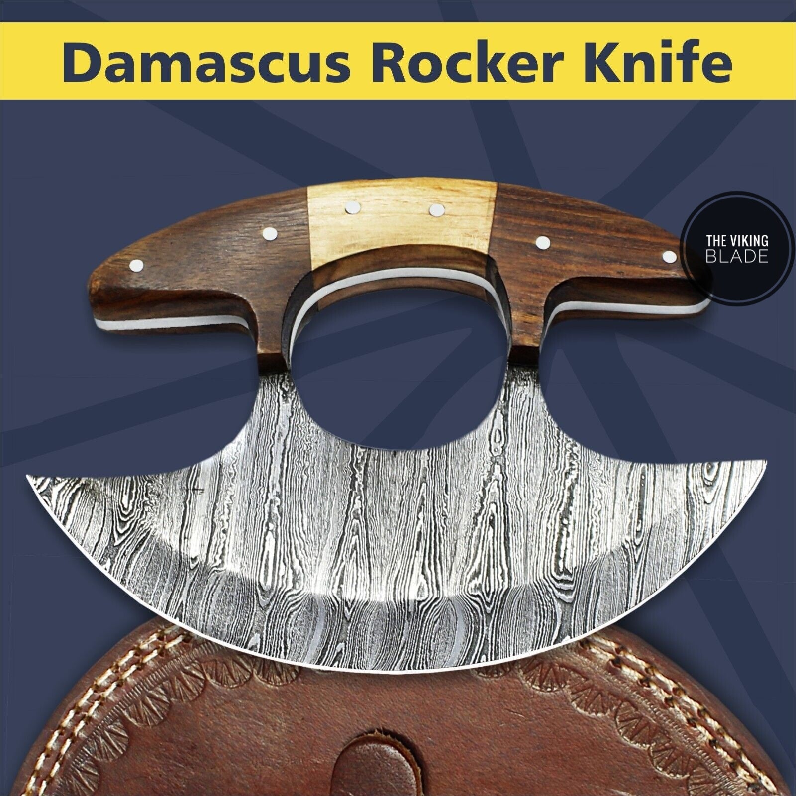Lifestyle image of Damascus Ulu knife used in modern kitchen cooking