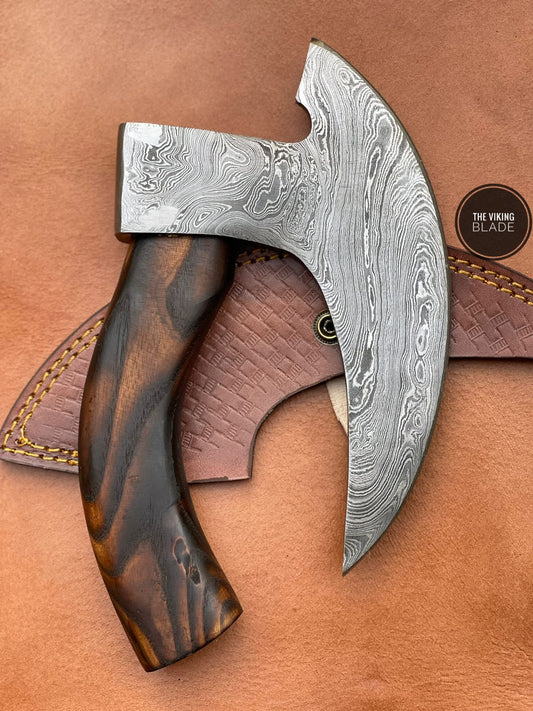 Damascus Viking pizza axe cutter handmade kitchen knife with strong blade and wooden handle design.
