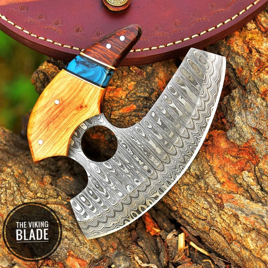 Handmade Damascus steel Ulu knife with Celtic knot wooden handle and curved blade