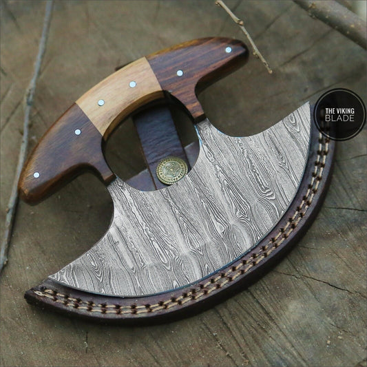 Hand forged Damascus steel Ulu knife pizza cutter with leather sheath