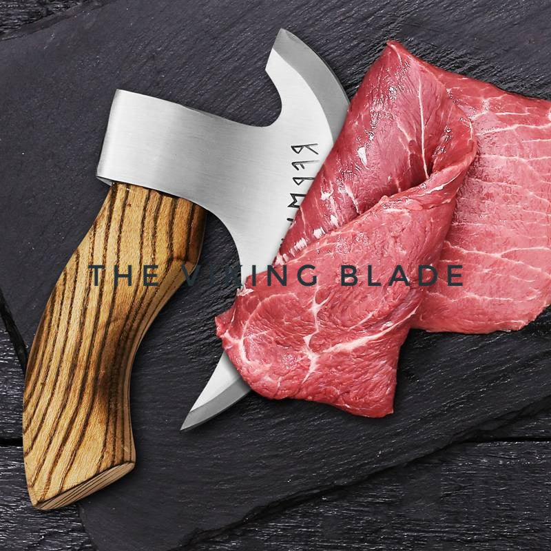 Hand forged J2 steel pizza axe cutter with wooden handle, durable and sharp kitchen cutting tool.