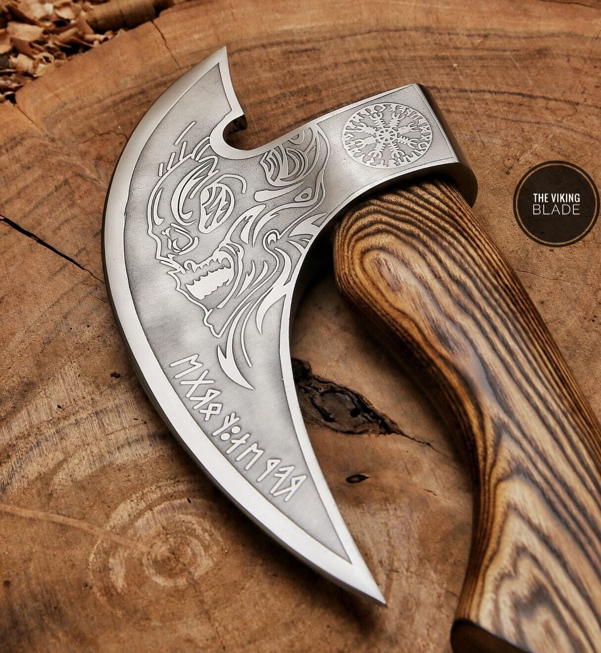 Hand forged pizza axe cutter with leather sheath and wooden handle, Viking style premium kitchen knife tool.