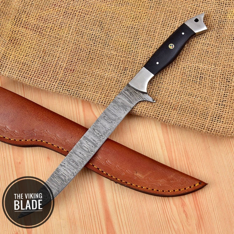 Custom Handmade Damascus Steel Fillet Fish Chef Knife With Leather Sheath | The Viking Blade |