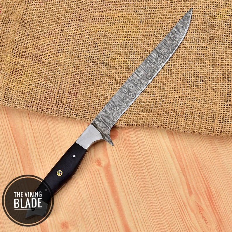Custom Handmade Damascus Steel Fillet Fish Chef Knife With Leather Sheath | The Viking Blade |