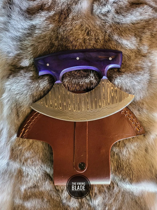Premium Purple Alaskan Ulu Knife with diamond wood handle, leather sheath & sharp wide blade. Perfect for kitchen, camping, hunting & outdoor use.