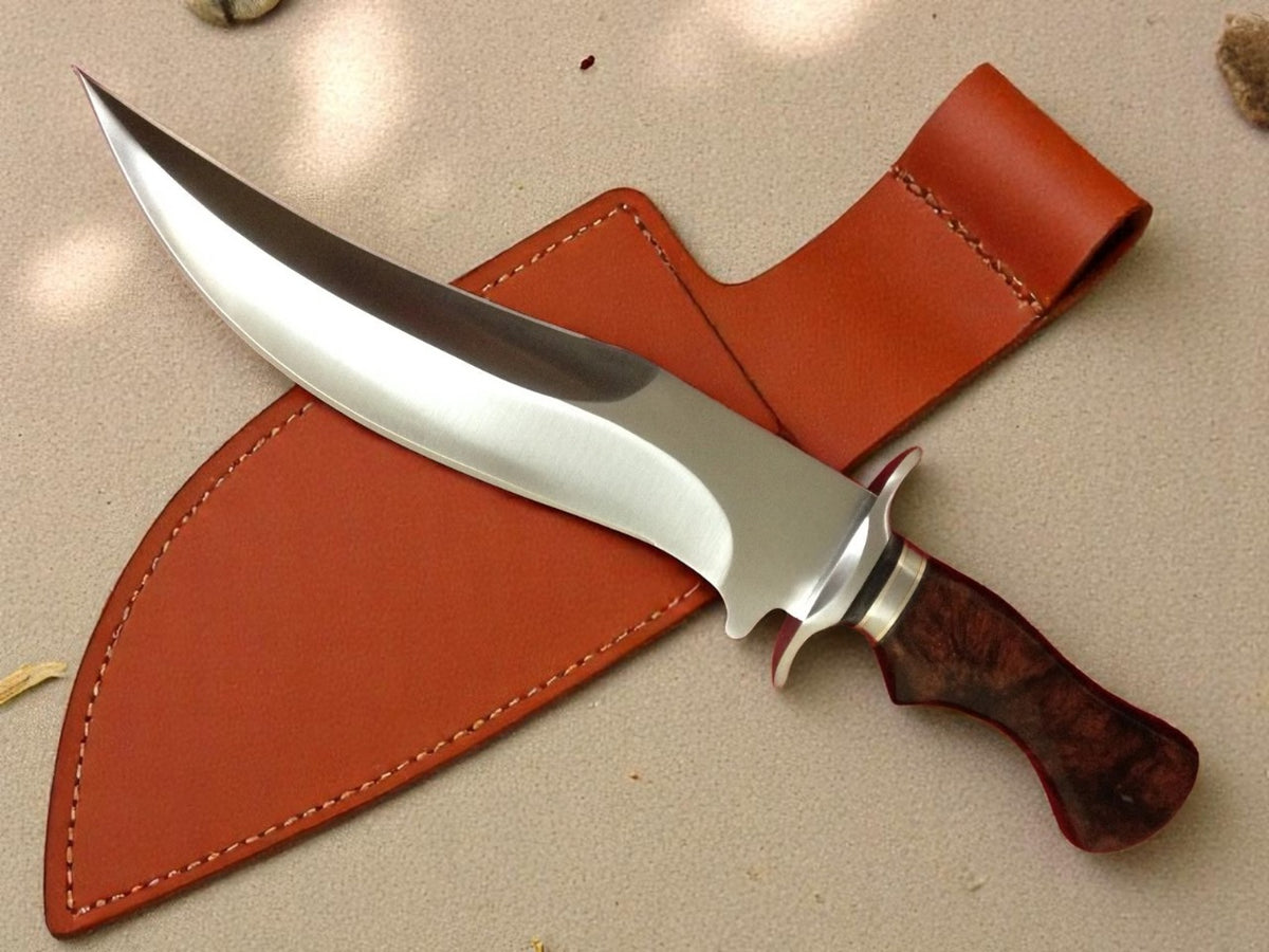 Knife with wooden handle in brown leather sheath on light background