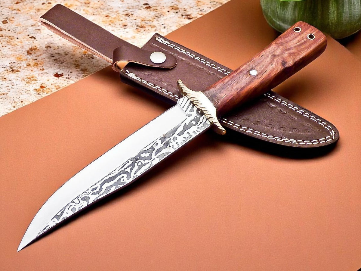 A custom handmade hunting knife with a brown wooden handle and a decorative patterned blade, accompanied by a brown leather sheath.