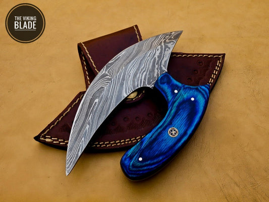 Handmade Damascus steel chef Ulu knife front view with blue koa wood handle