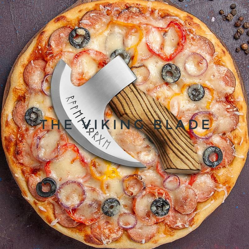 Handmade J2 steel pizza cutter axe with premium leather sheath and wooden handle for durable kitchen use.
