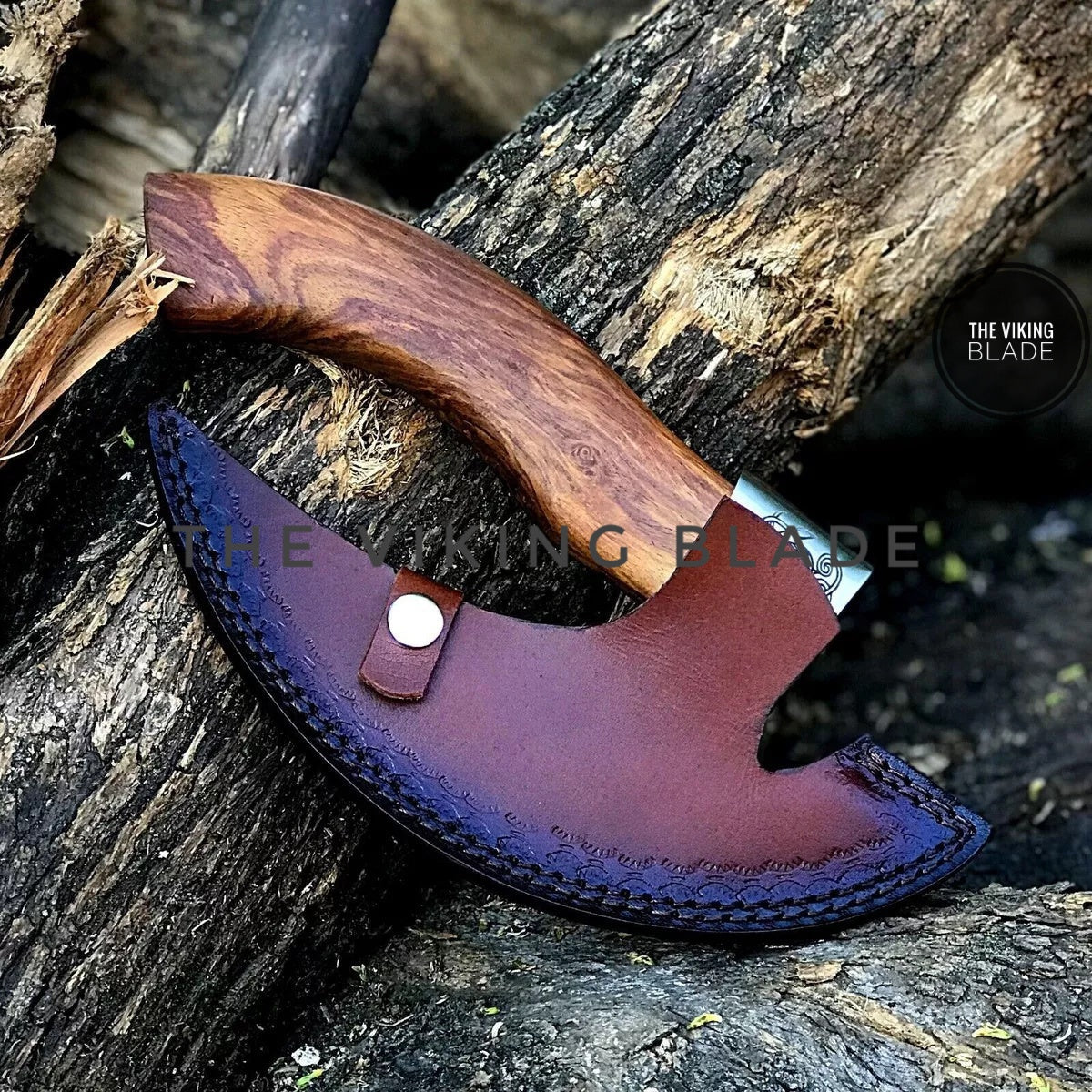 Handmade Viking axe pizza cutter camping style with leather sheath, wooden handle and durable carbon steel blade.