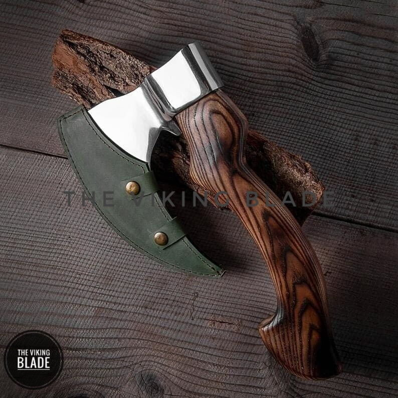 Handmade Viking beard axe pizza cutter with wood handle, durable carbon steel blade for kitchen use and slicing pizza.