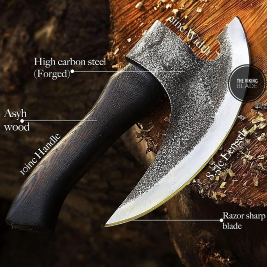 Handmade Viking pizza cutter axe camping Valhalla style with leather sheath, durable carbon steel kitchen tool.