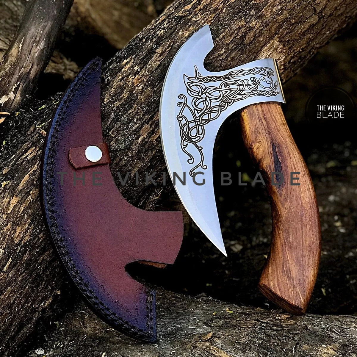 Handmade Viking pizza cutter axe with Valhalla style design, carbon steel blade and leather sheath for camping and kitchen use.
