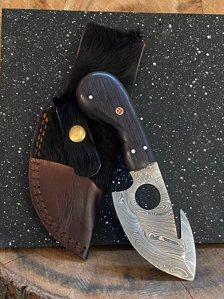 Custom Handmade Damascus Steel Gut Hook Skinner Knife With Leather Sheath