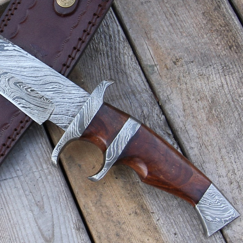 Custom Forged Damascus Steel Outdoor Knife with Leather Sheath by Hunt For Life