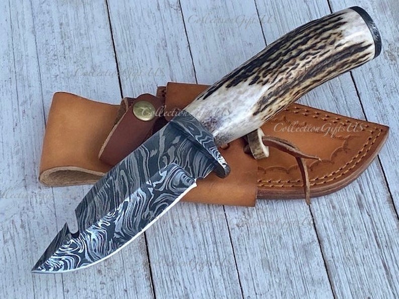 Custom Handmade Damascus Steel Guthook Hunting Skinning Knife With Leather Sheath