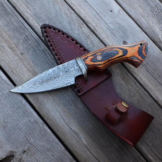 Damascus Steel Fixed Blade Knife - Collectible Hunting Camping Knife Fire Glow Pakkawood Handle Sheath Included