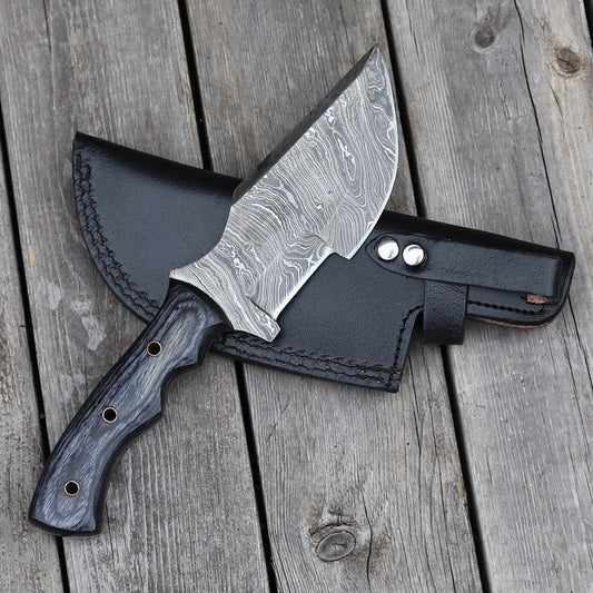 Damascus Steel Tracker Knife - Collectible Full Tang Hand Forged Blended Steel Outdoor Hunting Knife with Leather Sheath