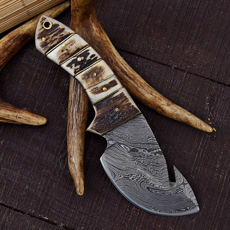 Damascus Steel Outdoor Knife - Full Tang Gut Hook Collectible Stag Handle Hunting Knife With Leather Sheath