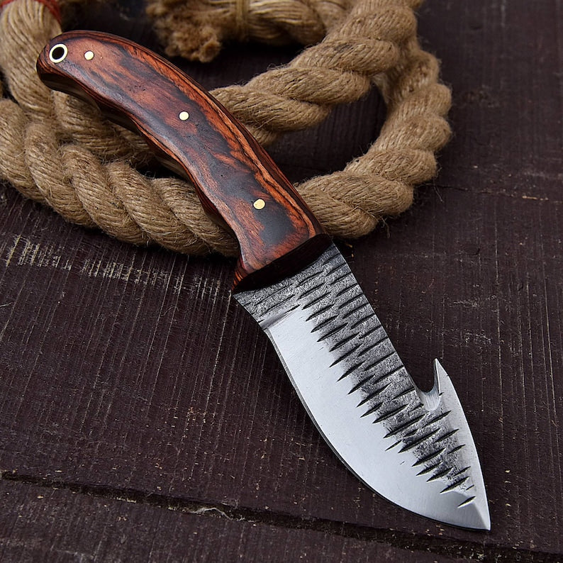 Custom Handmade Gut Hook Hunting Knife With Leather Sheath