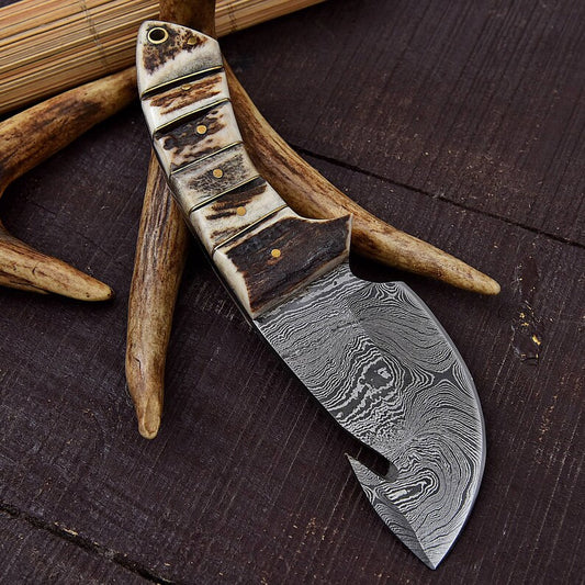 Damascus Steel Outdoor Knife - Full Tang Gut Hook Collectible Stag Handle Hunting Knife With Leather Sheath