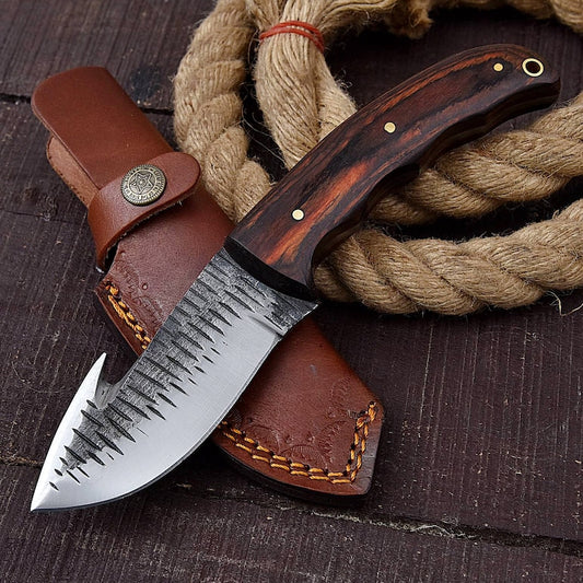 Custom Handmade Gut Hook Hunting Knife With Leather Sheath