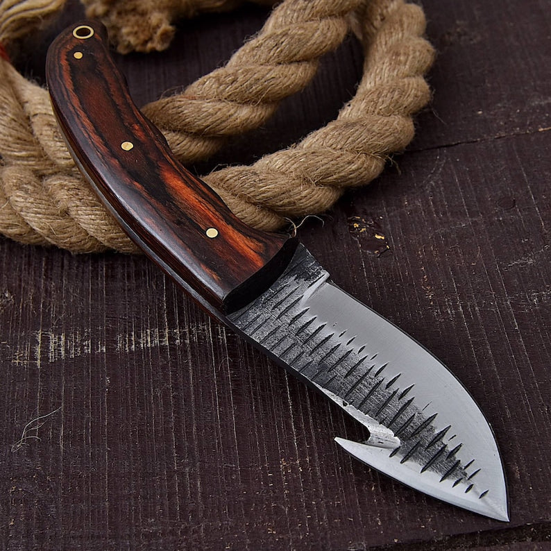 Custom Handmade Gut Hook Hunting Knife With Leather Sheath