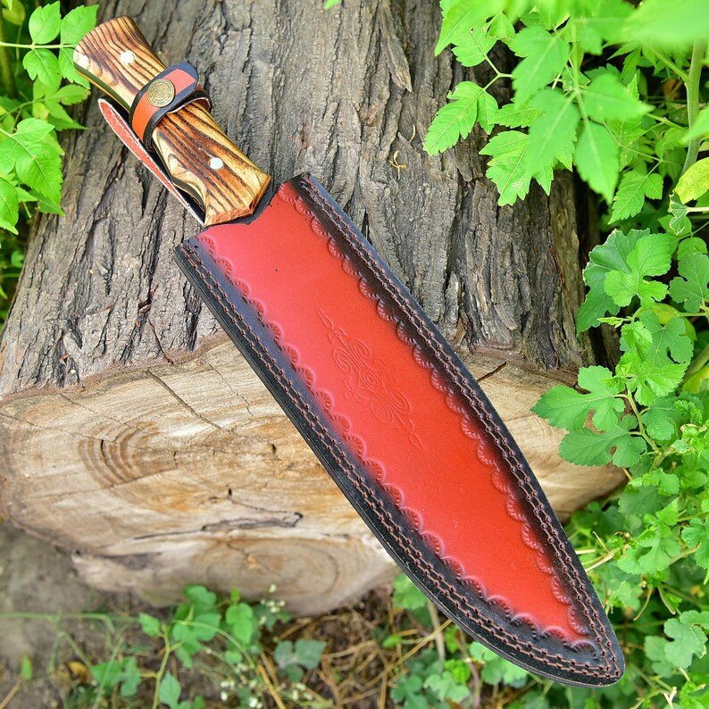 Bowie Hunting Knife - Forged Full Tang Outdoor Machete Knife with Hand Tooled Genuine Leather Sheath | Wood Handle