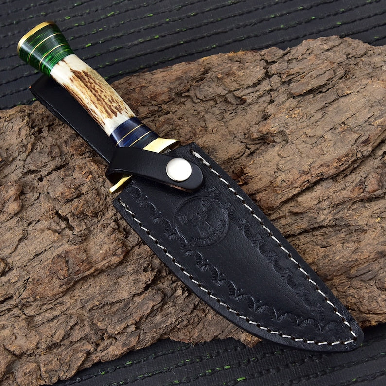 Damascus Steel Staghorn Outdoor Knife - Hunt For Life™ Fixed Blade Clip Point Hunting Knife w/ Deer Antler & Leather Handle