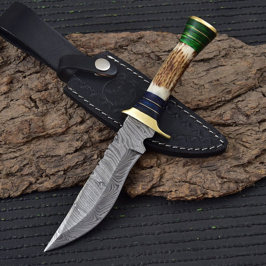 Damascus Steel Staghorn Outdoor Knife - Hunt For Life™ Fixed Blade Clip Point Hunting Knife w/ Deer Antler & Leather Handle