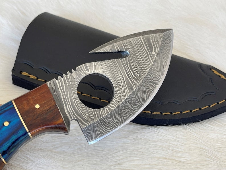 Custom Handmade Damascus Steel Gut Hook Knife With Leather Sheath