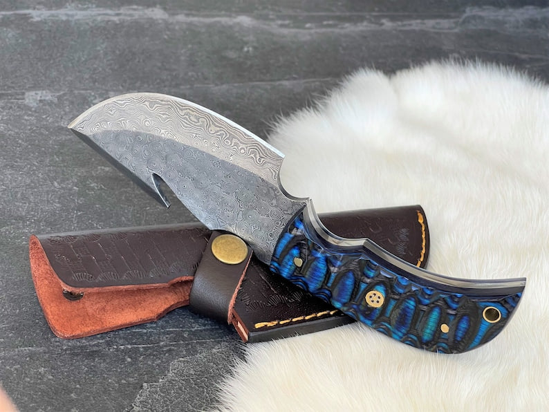 Custom Handmade Damascus Steel Gut Hook Knife With Leather Sheath