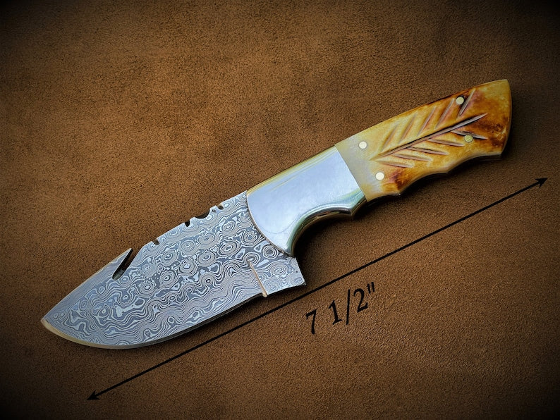 Custom Handmade Damascus Steel Gut Hook Hunting Knife With Leather Sheath