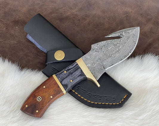 Custom Handmade Damascus Steel Gut Hook Hunting Knife With Leather Sheath