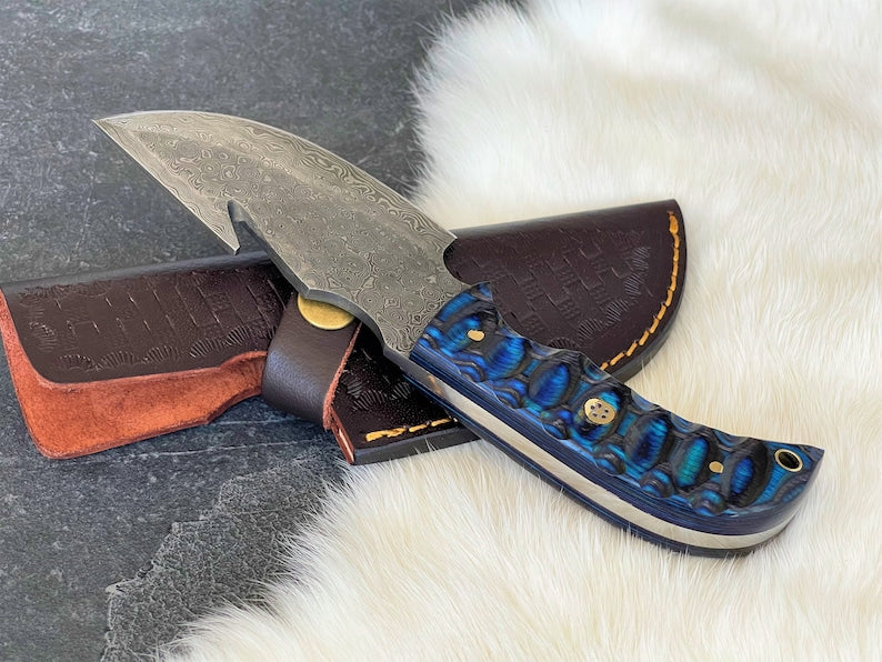 Custom Handmade Damascus Steel Gut Hook Knife With Leather Sheath