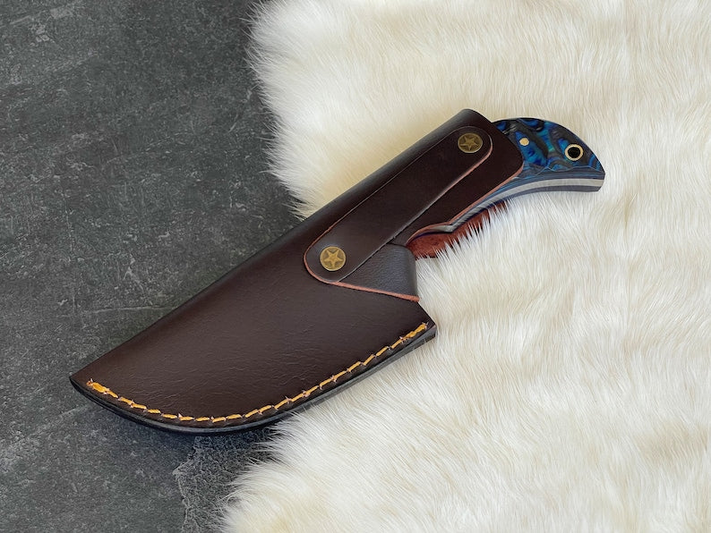 Custom Handmade Damascus Steel Gut Hook Knife With Leather Sheath