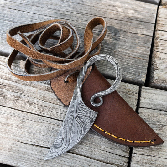 Damascus Steel Pocket Neck Knife - Medieval Scandinavian Inspired Hand Forged Collectible Viking Knife