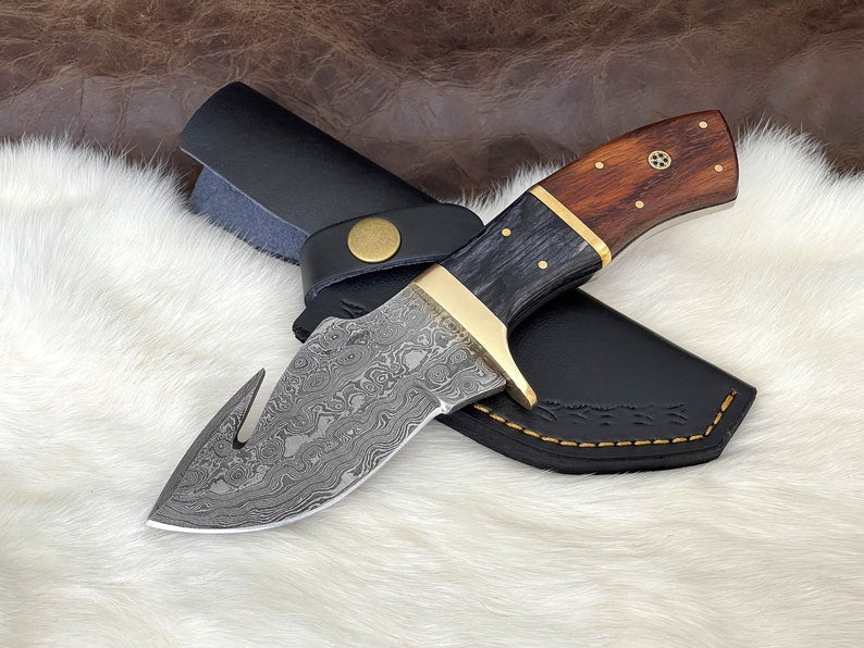 Custom Handmade Damascus Steel Gut Hook Hunting Knife With Leather Sheath