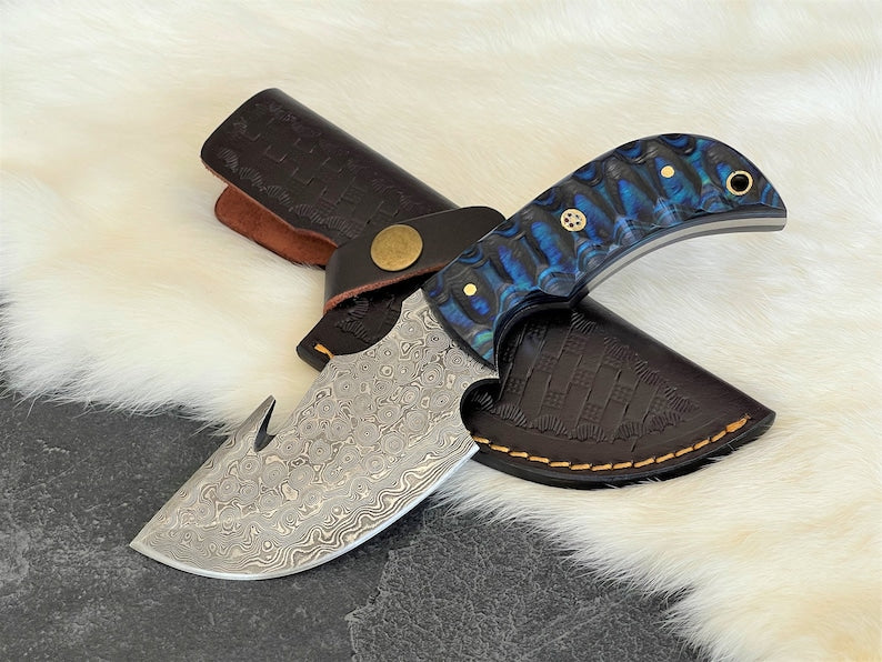 Custom Handmade Damascus Steel Gut Hook Knife With Leather Sheath