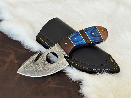 Custom Handmade Damascus Steel Gut Hook Knife With Leather Sheath