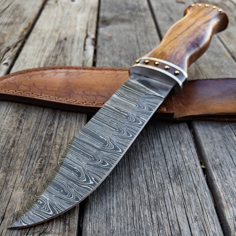 Seas Viking Inspired Outdoor Knife - Forged Damascus Steel Medieval Collectible Clip Point Hunting Knife w/ Genuine Leather Sheath
