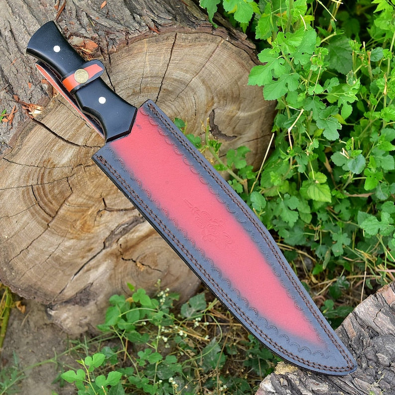 Bowie Hunting Knife - Forged Full Tang Outdoor Knife w/ Hand Tooled Leather Sheath | Black Micarta Handle | Large