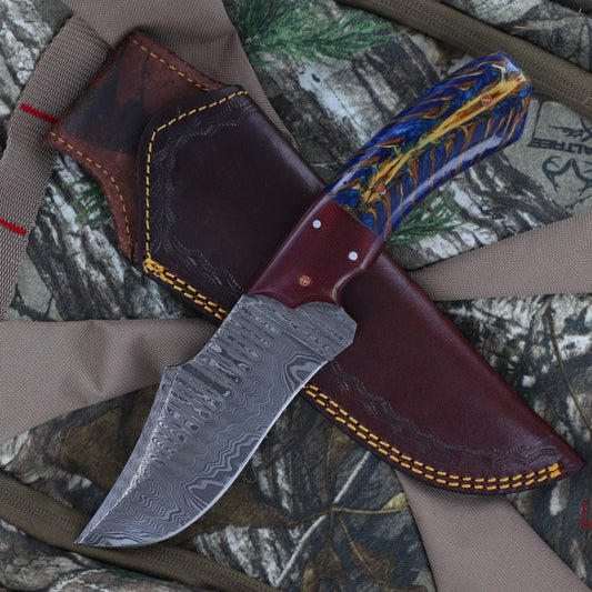 Damascus Hunting Knife | Full Tang Functional Camping Hiking Fishing S Curve Blade w/ Contoured Unique Blue Handle