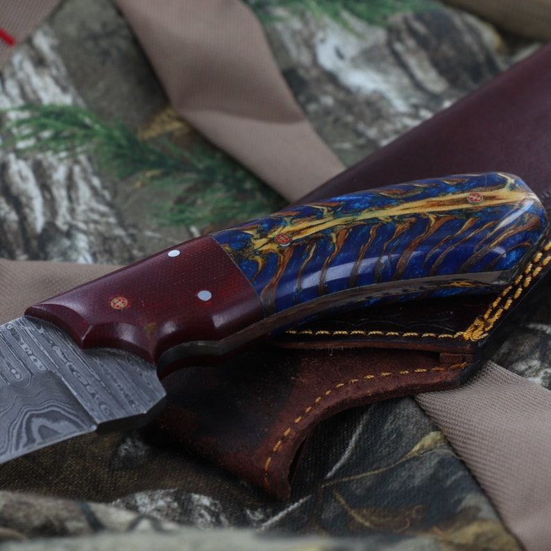 Damascus Hunting Knife | Full Tang Functional Camping Hiking Fishing S Curve Blade w/ Contoured Unique Blue Handle