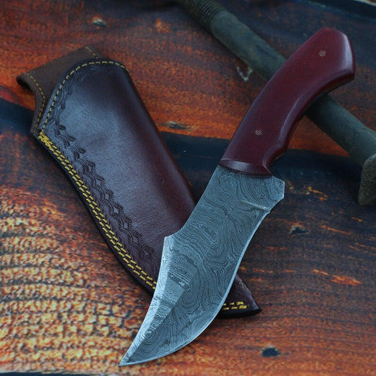 Damascus Hunting Knife | Full Tang Functional Hiking Camping Fishing S Curve Blade w/ Contoured Red Handle