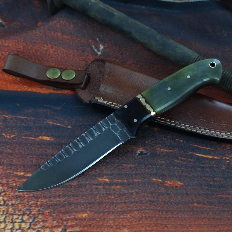 Fixed Blade Hunting Knife - Heavy Duty J2 Steel Sharpened Scalloped Texture Full Tang Blade Bone Handle w/ Lanyard Hole