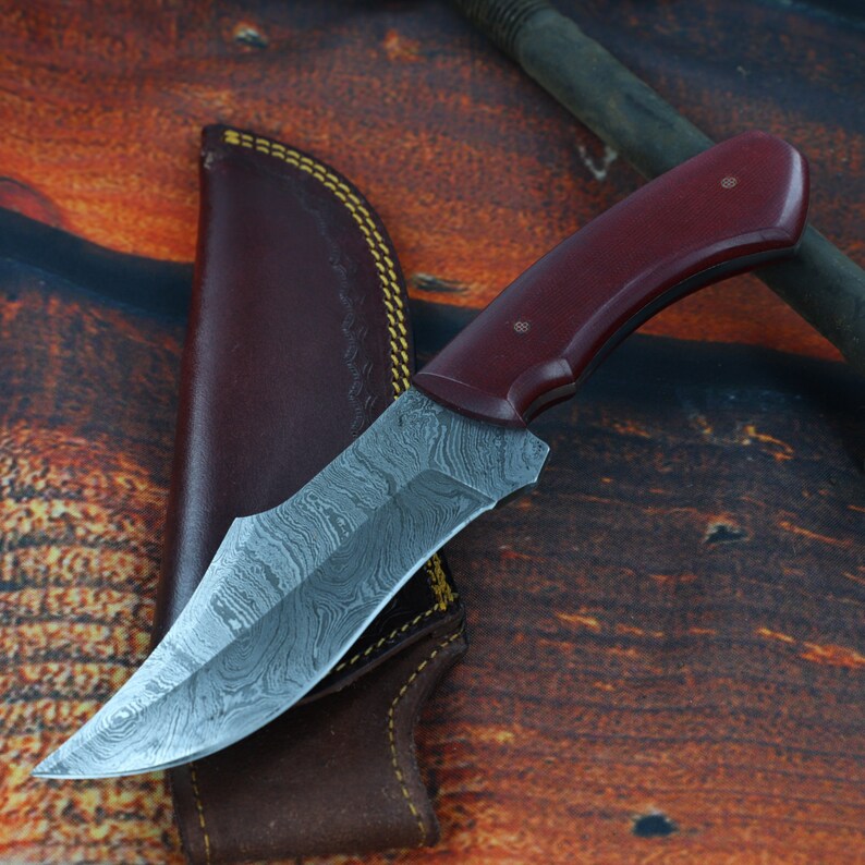 Damascus Hunting Knife | Full Tang Functional Hiking Camping Fishing S Curve Blade w/ Contoured Red Handle