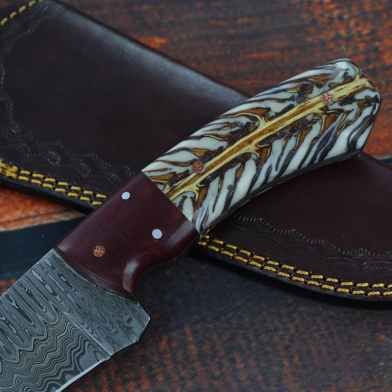 Damascus Hunting Knife | Full Tang Hiking Fishing Camping S Curve Blade w/ Contoured Unique Handle